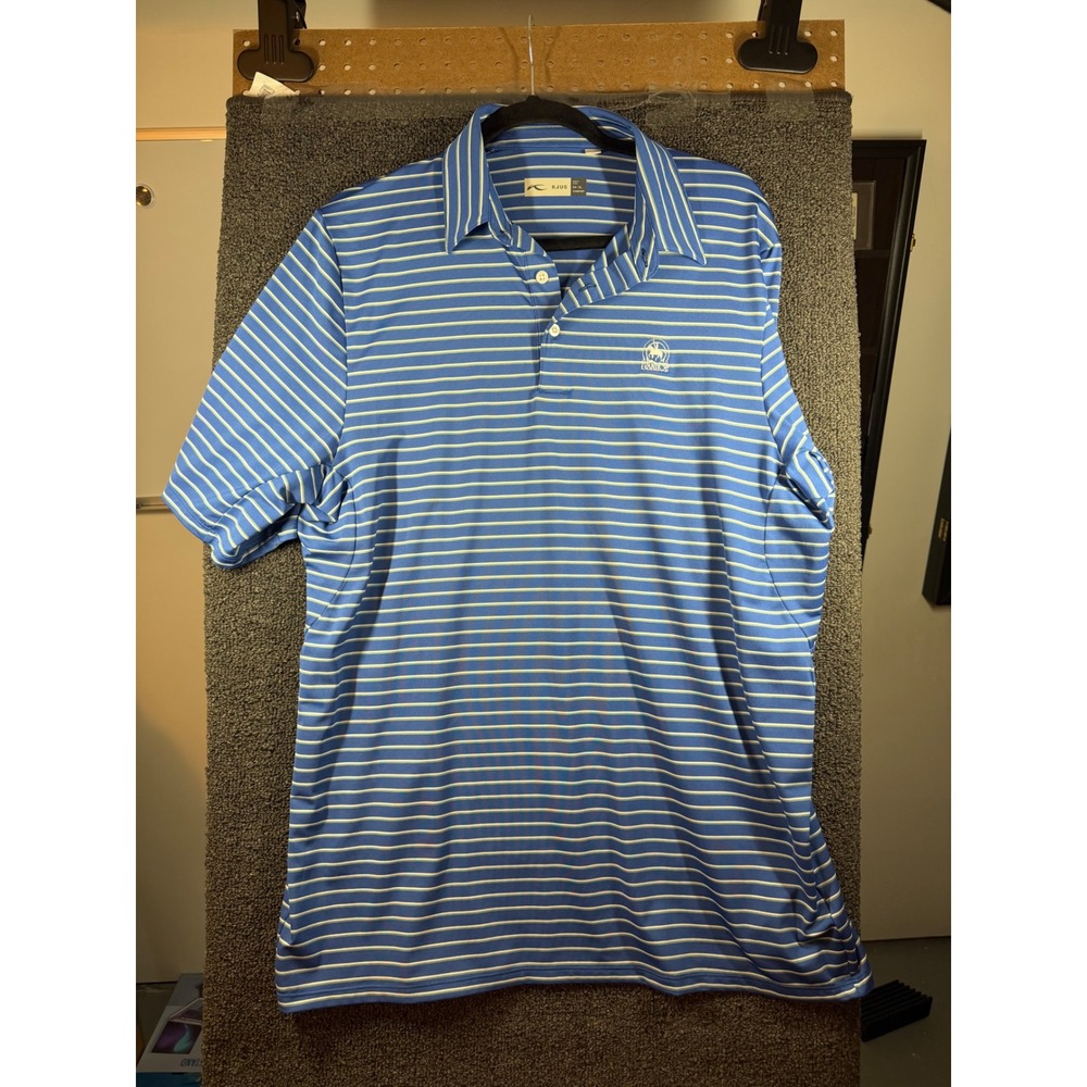 KJUS Polo Shirt Mens XL Blue Striped Ivanhoe Logo UPF 50+ Golf Short Sleeve